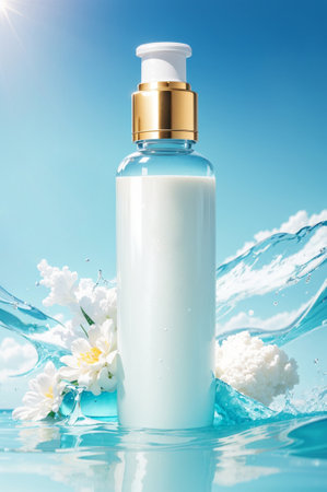 cosmetic cream bottle with jasmine flowers on blue water backgroundの素材