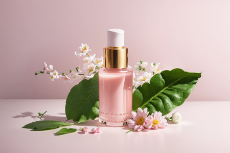 Cosmetic bottle with dropper, jasmine flowers and leaves on pink backgroundの素材