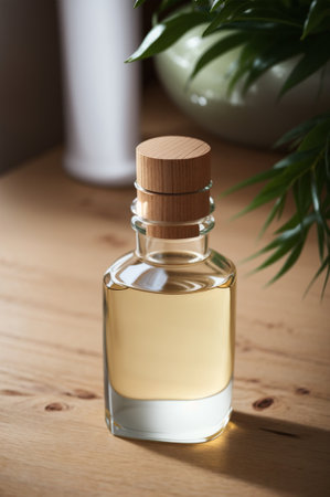 Aromatherapy oil in a glass bottle on a wooden tableの素材
