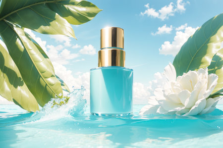 Cosmetic bottle on the water with white flowers and blue sky backgroundの素材