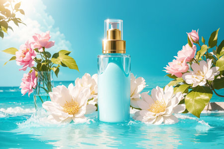 Cosmetic bottle on the background of flowers in the pool. Skin care conceptの素材