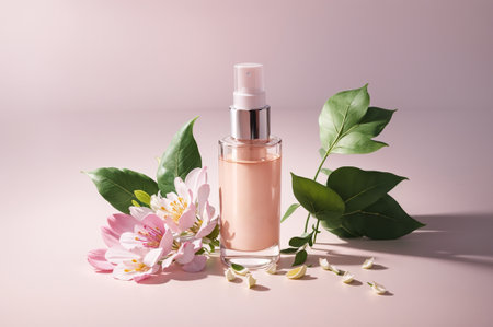 Bottle of cosmetic product and flowers on color background, closeupの素材