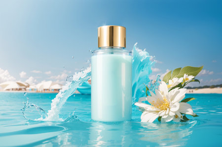 cosmetic bottle with splash on the background of the sea and blue skyの素材