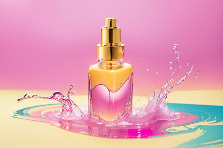 bottle of perfume with splash on pink and yellow background. 3d renderingの素材
