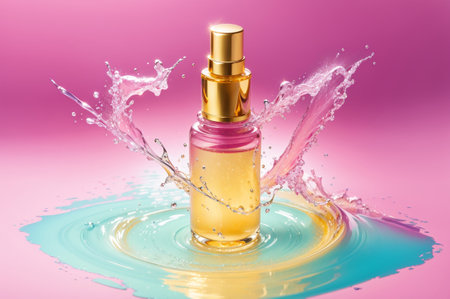 Perfume bottle with water splash on pink background. 3d renderingの素材