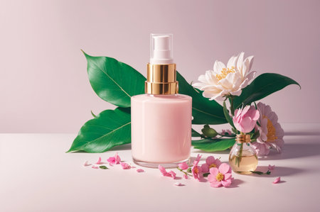 Cosmetic bottle with dispenser and flowers on light background. Skin care conceptの素材