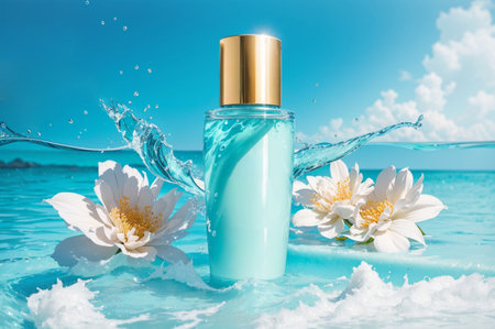 beauty treatment and skincare concept - close up of cream bottle with water splash and peony flowers in waterの素材