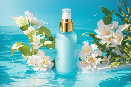cosmetic cream with jasmine flowers on a blue background.の素材