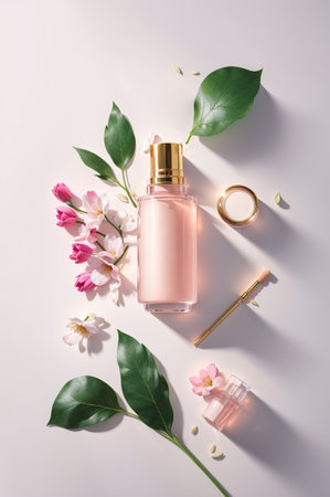 Flat lay composition with pink perfume bottle and flowers on white backgroundの素材