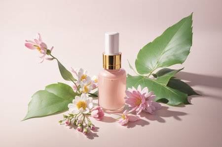 pink nail polish bottle with spring flowers and leaves on light backgroundの素材