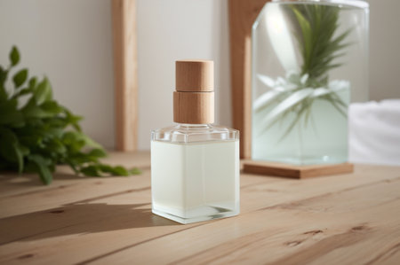 Bottle of perfume on wooden table, closeup. Space for textの素材