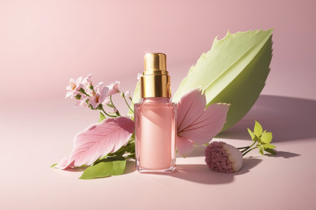 bottle of perfume with flowers and leaves on pink background, beauty productの素材