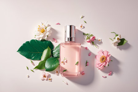 Bottle of perfume with flowers and leaves on white background, flat layの素材