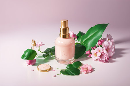 Cosmetic cream in glass bottle with pink flowers and green leaves on light backgroundの素材