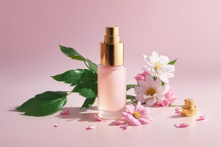 bottle of pink perfume with flowers on pink background, beauty treatmentの素材