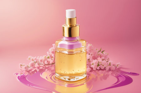 bottle of perfume with sakura flowers on pink background 3d renderingの素材