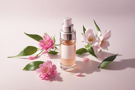 bottle of perfume with pink sakura flowers on light background, flat layの素材