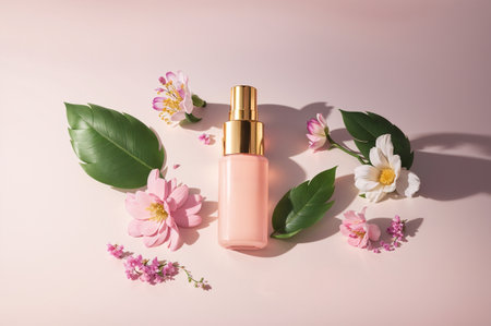 Flat lay composition with pink perfume bottle and flowers on light backgroundの素材