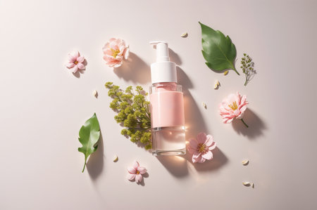 Bottle of cosmetic product with pink flowers and leaves on white backgroundの素材