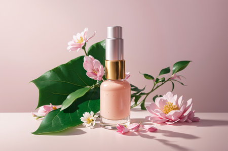 pink nail polish in glass bottle on table with flowers and leavesの素材