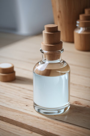 Essential oil in a glass bottle on a wooden table, stock photoの素材