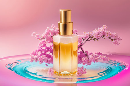 bottle of perfume with pink sakura flowers in water on pink backgroundの素材