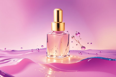 Perfume bottle with water splash on pink background. 3d renderingの素材