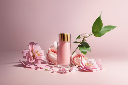 bottle of pink perfume on pink background with flowers, copy spaceの素材
