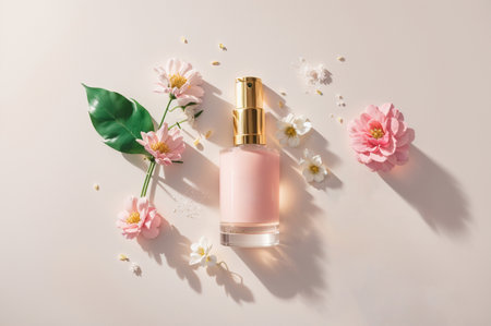 top view of pink perfume bottle, flowers and leaves on white backgroundの素材