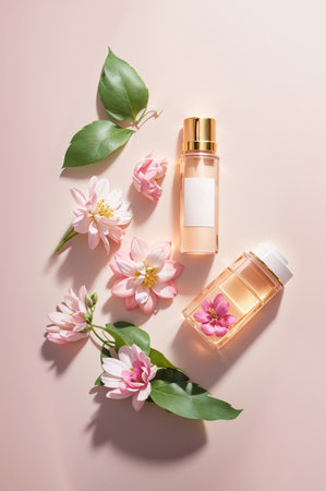 top view of pink perfume bottle, flowers and leaves on white backgroundの素材