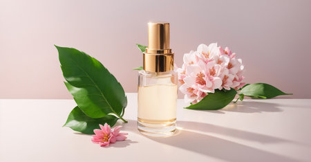 bottle of perfume with flowers and leaves on table on light backgroundの素材