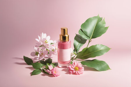 bottle of perfume with flowers and leaves on pink background, flat layの素材