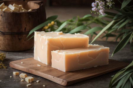 pieces of parmesan cheese on a wooden cutting board with flowersの素材