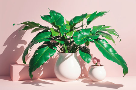 Monstera plant in white vase on pink background with copy spaceの素材