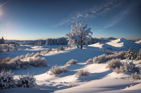 Winter mountain landscape with frosty trees and blue sky at sunset.の素材