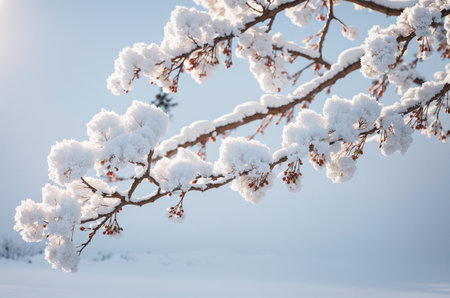 Snowy tree branch on blue sky background. Winter landscape with snow.の素材
