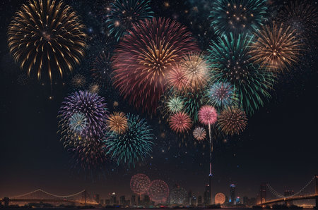 Colorful fireworks with night view of Tokyo cityscape, Japan.の素材