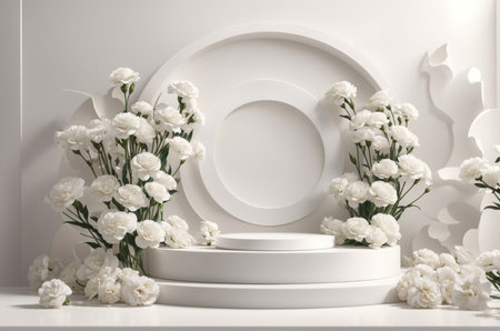 3d render, abstract white background with white flowers, round podium for product presentationの素材