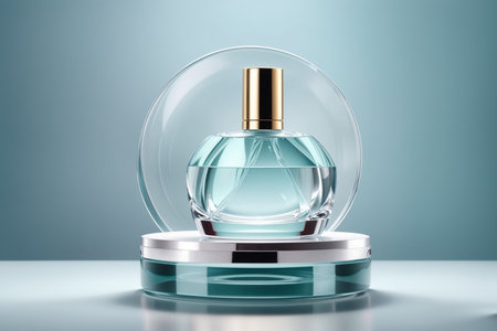 Perfume bottle mockup on blue background. 3D renderingの素材