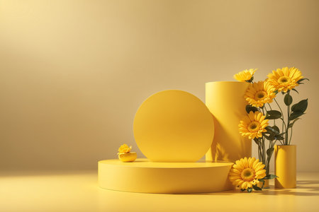 3d render of yellow podium for product presentation with sunflowers.の素材