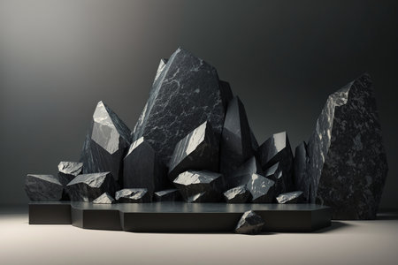 Black stone pedestal on gray background. 3d render illustration.の素材