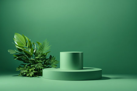 Minimal scene with green podium and tropical leaves. 3d renderの素材