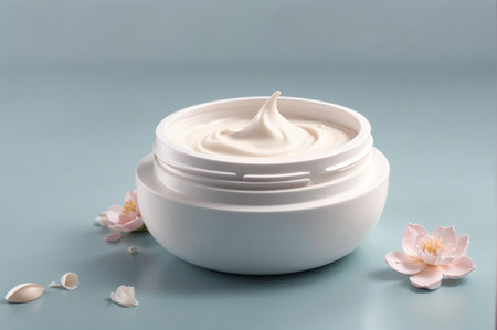 cosmetic cream in a white jar on a blue background with flowersの素材