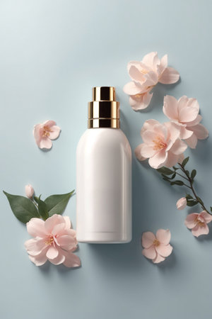 Cosmetic bottle mockup with pink sakura flowers on blue backgroundの素材