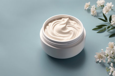 Jar of body cream on blue background with white jasmine flowersの素材