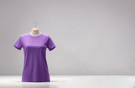 Purple t-shirt on a hanger on a gray backgroundの素材
