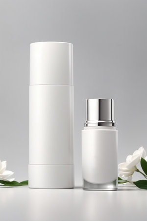 Cosmetic bottle with blank label and white flower. 3d renderingの素材
