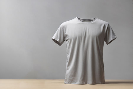 Blank white t-shirt on wood table and grey background.の素材