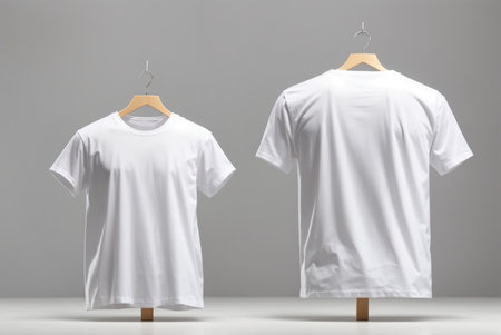 White t-shirt on a wooden hanger on a gray backgroundの素材