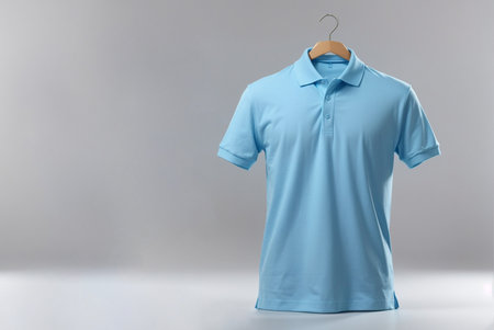 Blue polo shirt on hanger on grey background with copy spaceの素材
